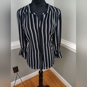 Black, blue and white striped, button down blouse
